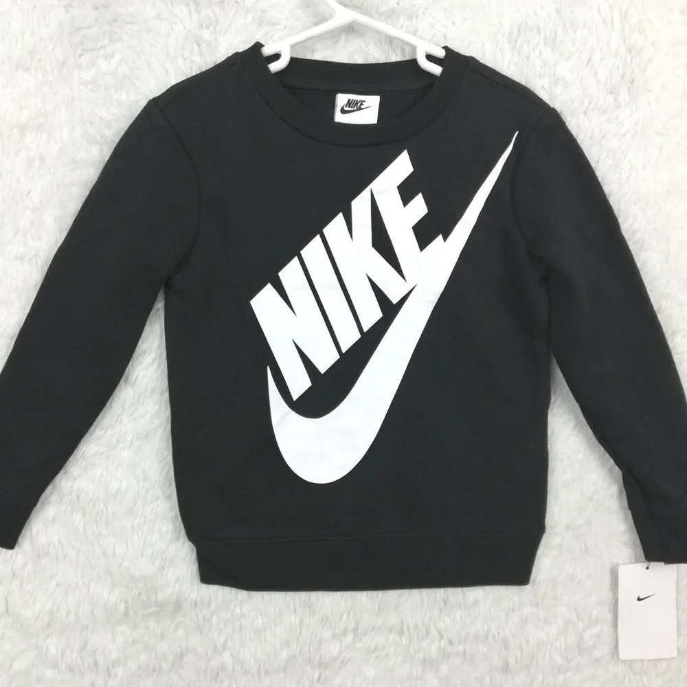 Nike Boys Sweatshirt Swoosh Big Logo Black‎ Crew Neck Screenprint 4 New
